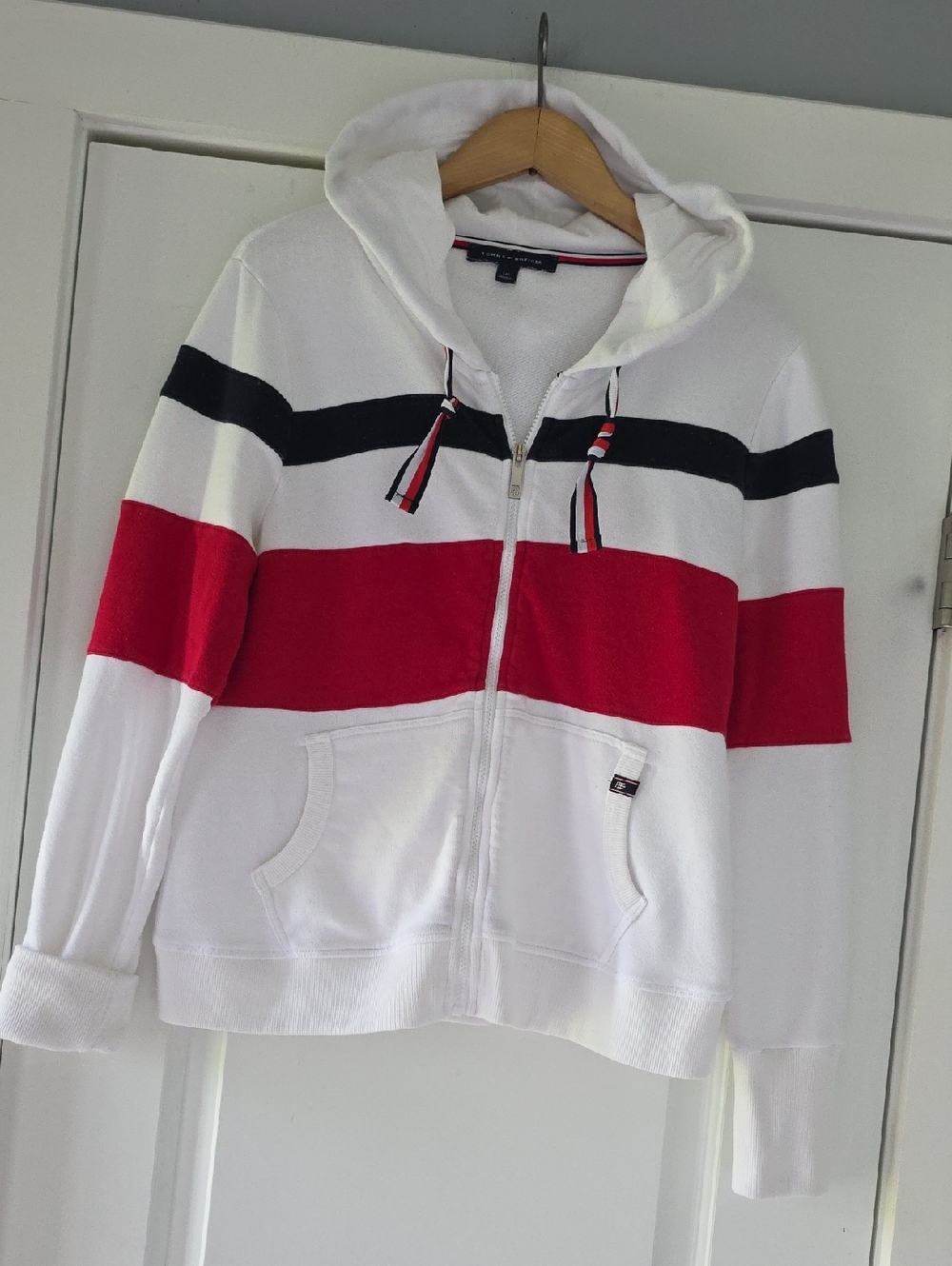 Tommy Hilfiger Striped Zip-Up Hoodie in White, Red & Navy Blue